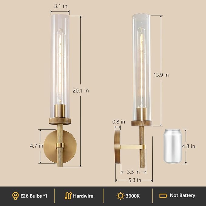 Bathroom Sconces Set of 2, 19.5" Brushed Cylinder Wall Sconces, Gold Vanity Lights for Bathroom Mirror with E26 Bulbs Included