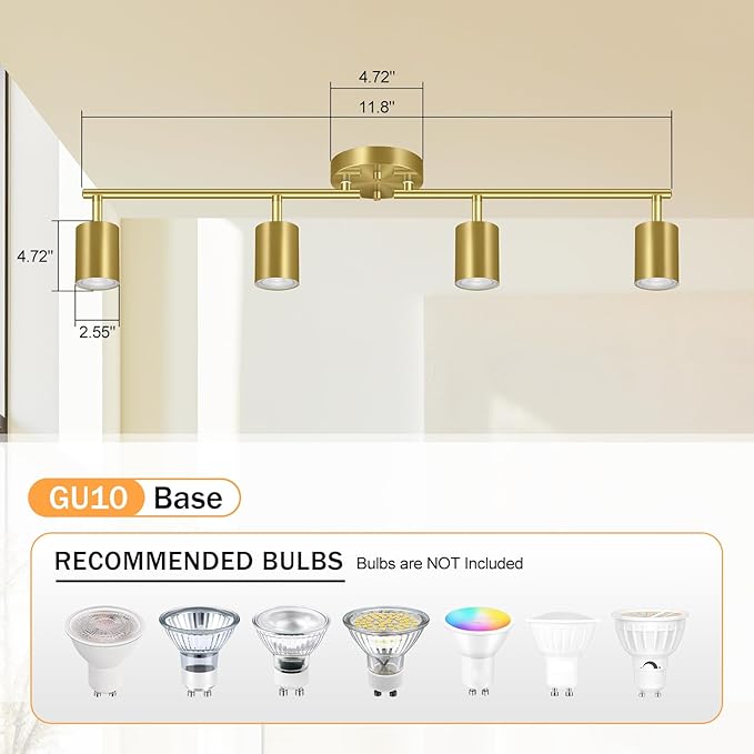 BoostArea Gold LED 4 Light Track Lighting Kit, 4 Way Ceiling Spot Lighting, Flexibly Rotatable Light Head for Kitchen, Living Room, Bedroom, Bulb Not Included