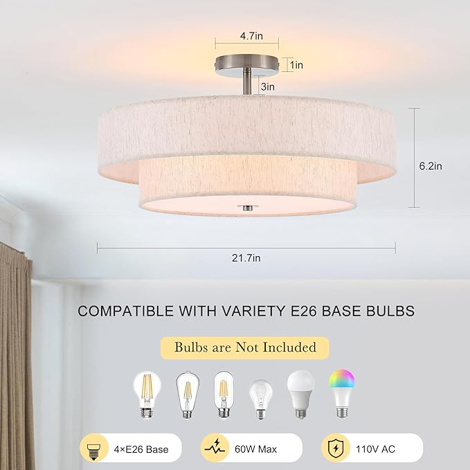 21.7" Modern Semi Flush Mount Ceiling Light 4-Lights Linen Drum Ceiling Lighting with Chrome Finish, Vintage Ceiling Light Fixture for Laundry Room, Kitchen, Living Room, Dining Room, Bedroo