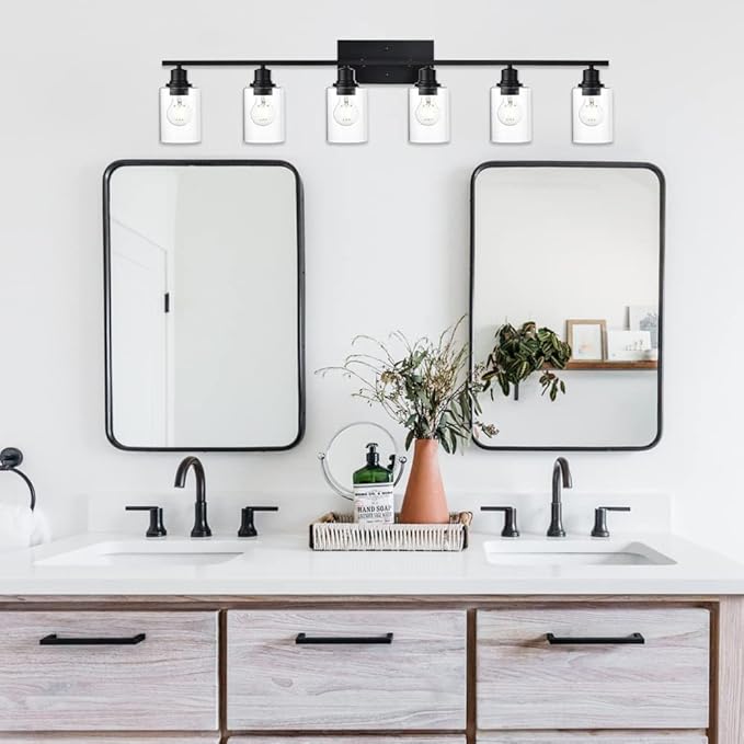 VINLUZ Bathroom Vanity Light Fixtures,6 Light Matte Black Modern Metal Base Wall Sconce Lighting with Clear Glass Shade Wall Mounted Lamp for Mirror