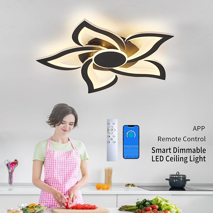 LED Ceiling Light with Remote, Modern Flush Mount Ceiling Light Fixtures, Black 24" Flower Close to Ceiling Light Fixtures, 3000K-6000K Dimmable Ceiling Lamp for Bedroom, Kitchen, Dining room