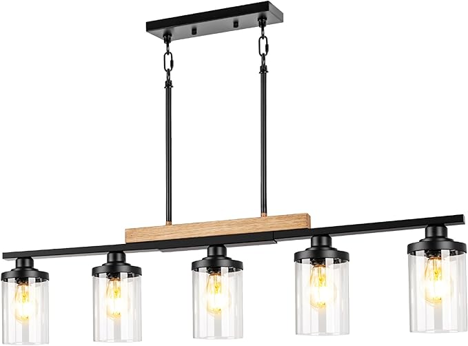 5-Light Kitchen Island Lighting, Farmhouse Dining Room Chandelier over Table, Modern Pendant Light Fixture with Adjustable Height, Large Black Ceiling Light for Dining Table Sloped Ceiling Compatible