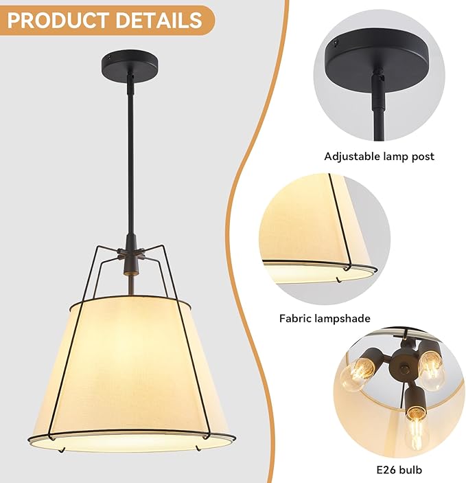 Modern Pendant Light Fixtures with 16" Off-White Linen Fabric Shade, Adjustable Hanging Light Fixture,3-Light Drum Black Vintage Chandelier for Kitchen Island Bedroom Dining Room Foyer