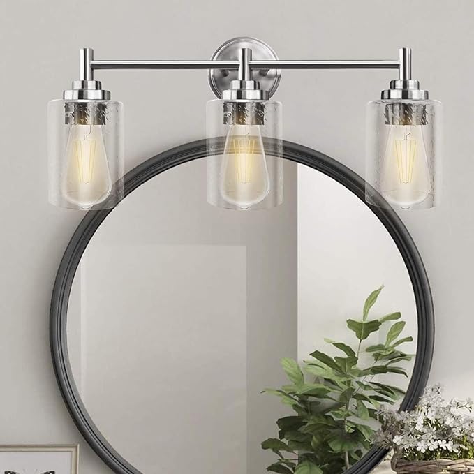 3-Light Bathroom Lighting Fixtures Over Mirror, Brushed Nickel Vanity Lights with Clear Glass Shade. Modern Bathroom Vanity Light for Mirror Kitchen, Living Room, Gallery, Hallway