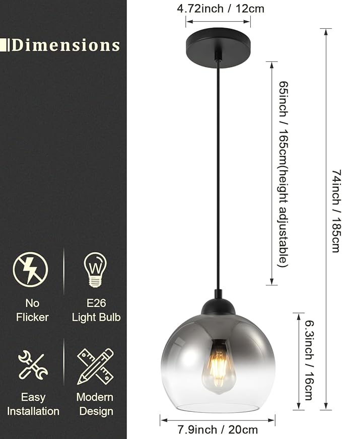 Modern Gradient Smoke Gray Glass Pendant Light，7.8-Inch Globe Adjustable Hanging Pendant Light for Bedroom Kitchen Island Dining Room Stairwell