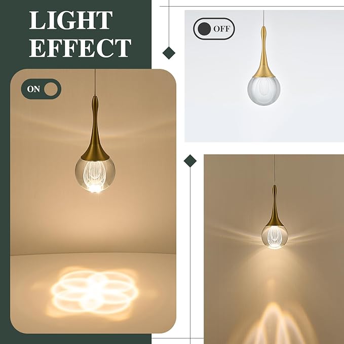 LED Pendant Light Kitchen Island Raindrop Crystal Pendant Lights Dimmable Gold Modern Hanging Light for Bedroom Bathroom Living Room 3000K Warm White, 3 Pack