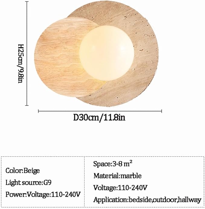Marble Wall Lamp, Bathroom Vanity Light Fixtures, Wall Mount Lamp, Over Mirror, Wall Sconces Set of 2, Vintage Wall Light with Wood and Stone Shade, for Porch Workshop Kitchen Living Room