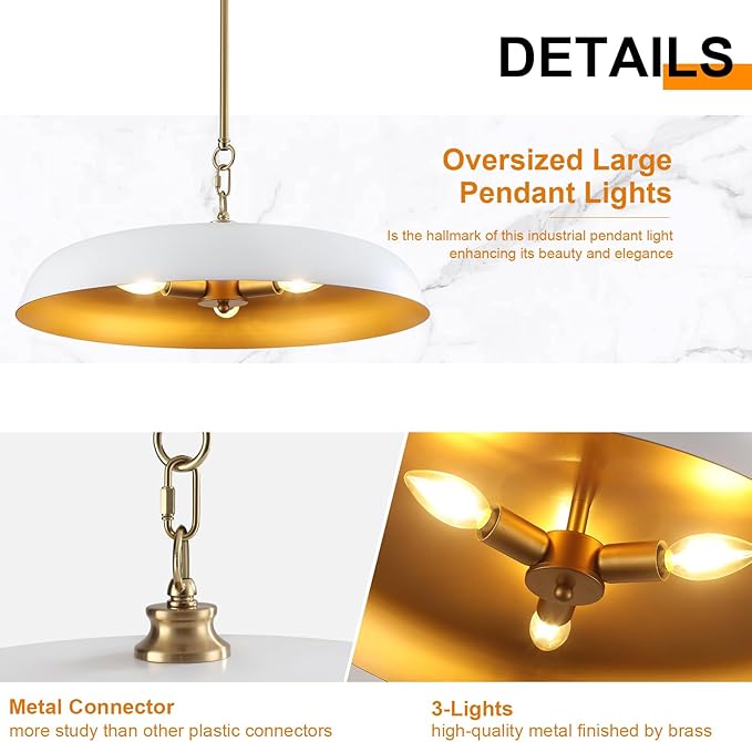 20 Inch Modern Large Pendant Lights, 3-Lights White and Gold Metal Dome Chandelier, Mid Century Pendant Lighting Fixture Ceiling Hanging Light for Kitchen Island, Dining Room Over Table, Bar