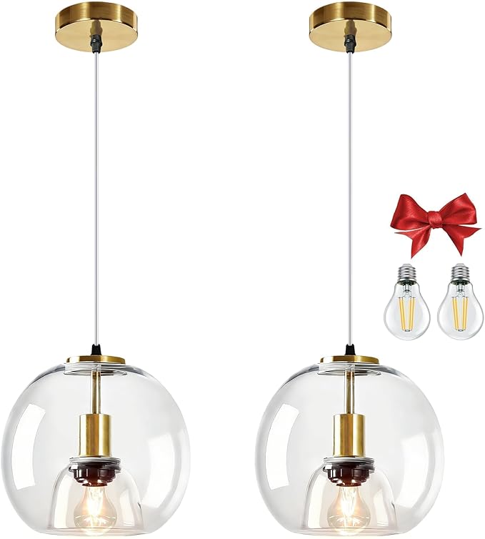 9.1in Large Clear Glass Pendant Light for Kitchen Island – 2-Pack with Extra LED Bulbs & 4.92ft Adjustable Cord | Modern Minimalist Lighting for Dining Room, Living Room, Entryway