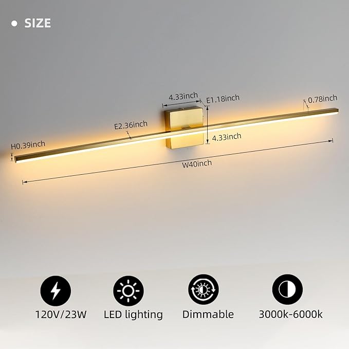 Brushed Gold Vanity Light 40 Inch Modern Bathroom Light Fixtures 23W Wall Vanity Lamp Over Mirror, Dimmable 5CCT LED Wall Sconce for Bedroom Cabinets UL Certificated