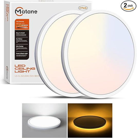 Matane 2Pack LED Flush Mount Ceiling Light Fixture with Night Light, 12inch 24W 2400LM 3000K/4000K/5000K Selectable, Dimmable LED Ceiling Lights for Bedroom, Dining Room, Kitchen, Round White