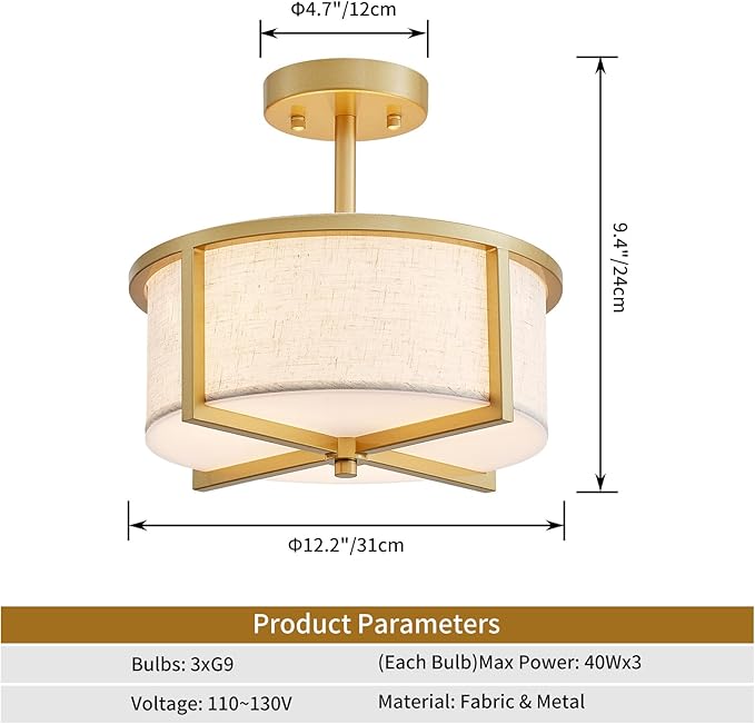 Modern Fabric Drum Chandelier, Semi-Flushmount Close to Ceiling Light Fixture for Living Room, Bedroom, Dining Room, D12 x H9 in, Gold Finish Metal Frame & Linen Fabric Shades