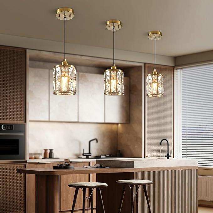 Gold 3 Pack Kitchen Pendant Lighting Over Island Modern Crystal Glass Shade Adjustable Hanging Fixture for Dining Hallway Bedroom Matte