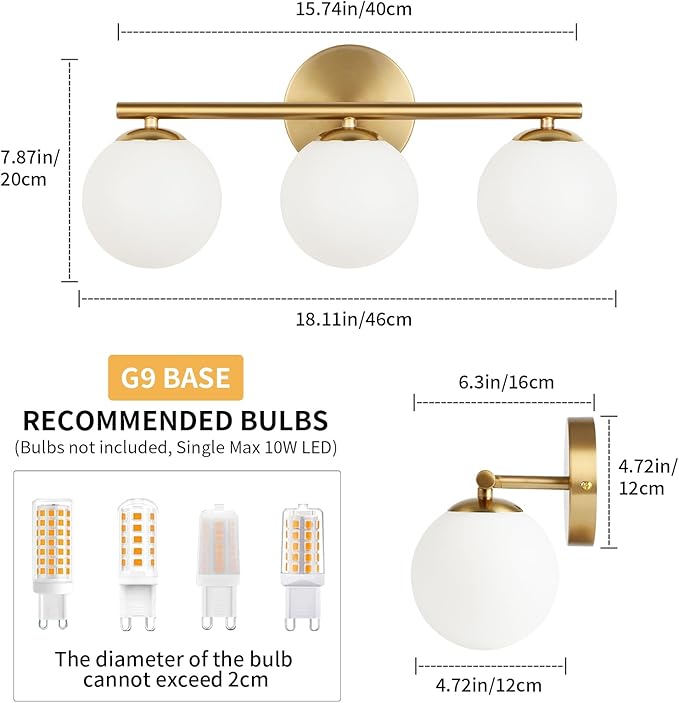 Globe Bathroom Light Fixtures 3-Light Brass Gold Vanity Light with Plastic Milk White Globe Shades 18.11 inch Wall Sconce Lighting Over Mirror, Vanity Lights for Bathroom Bedroom Hallway