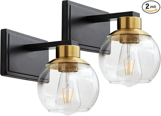 Bathroom Sconces Set of 2, Black and Gold Wall Sconces Set of Two, Bathroom Vanity Light with Clear Glass Shade, Modern Wall Light Fixtures for Bath Mirror Hallway Bedroom Living Room, Hardwired