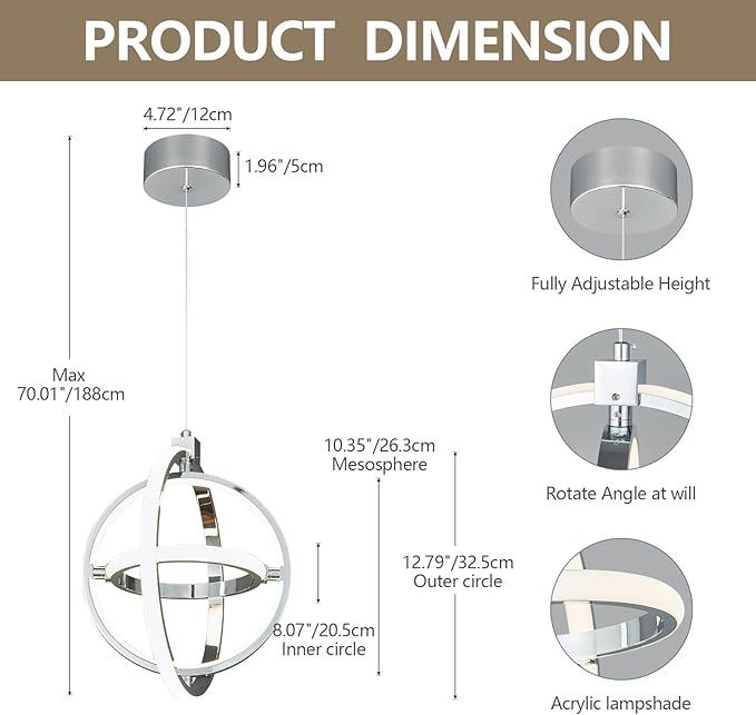 Modern LED Pendant Light Chrome Pendant Lights 4000K Dimmable External Glow Height Adjustable Pendant Lighting for Kitchen Island Dining Room Bedroom Living Room Foyer（3-Ring）