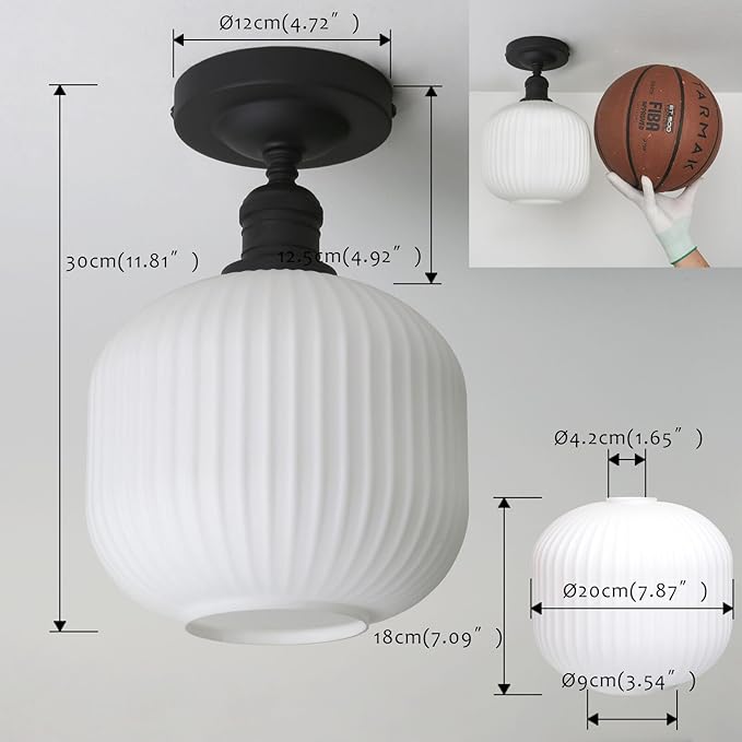 Pathson Vintage Flush Mounted Ceiling Light with Milk White Glass, Modern Ceiling Lamp Fixture for Farmhouse Hallway Foyer Loft Living Room Bedroom Matte Black Finished
