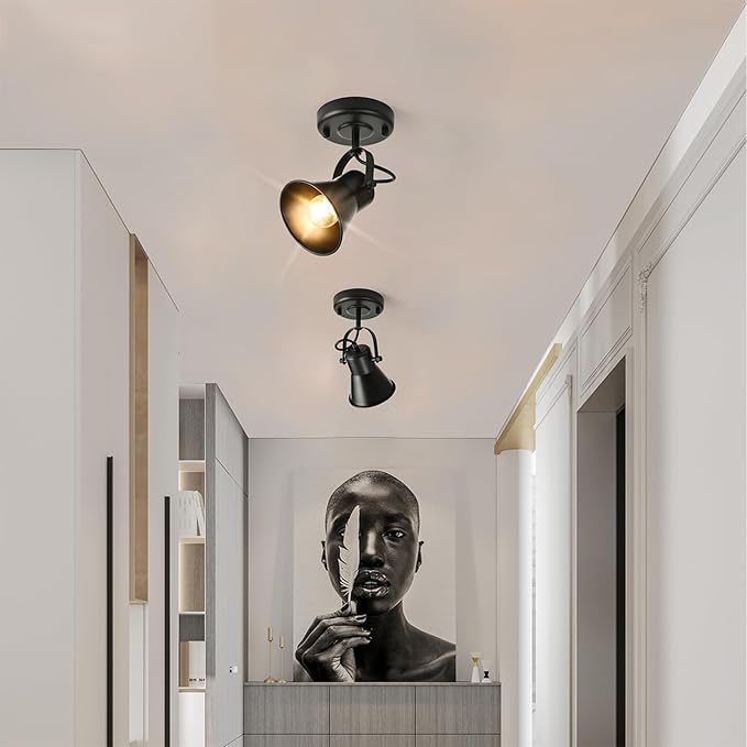 KEESFU Industrial Mini Track Lighting Ceiling Light, Black Spot Lights Indoor with Multi-Directional Adjustable Light Head, Ceiling Mount Spotlight for Bedroom Living Room Hallway Kitchen(2 Pack)