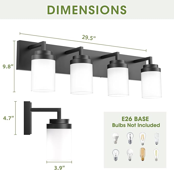 Espird Bathroom Vanity Light, 4 Light Matte Black Vanity Light with White Matte Glass Shade, 30in Farmhouse Wall Light, Lighting Fixtures Over Mirror for Bathroom