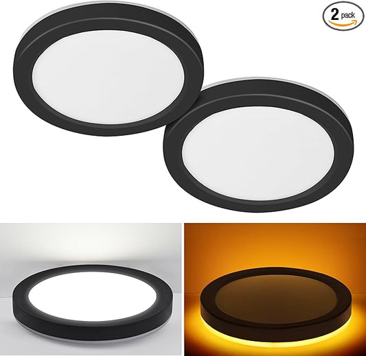 Hlite 7.5 Inch Flush Mount LED Ceiling Light with Night Light, CRI90, 15W, 1500 LM, 3000K/4000K/5000K Selectable, Flat Round LED Ceiling Light, Dimmable Bedroom Lights for Ceiling, Black(2Pack)