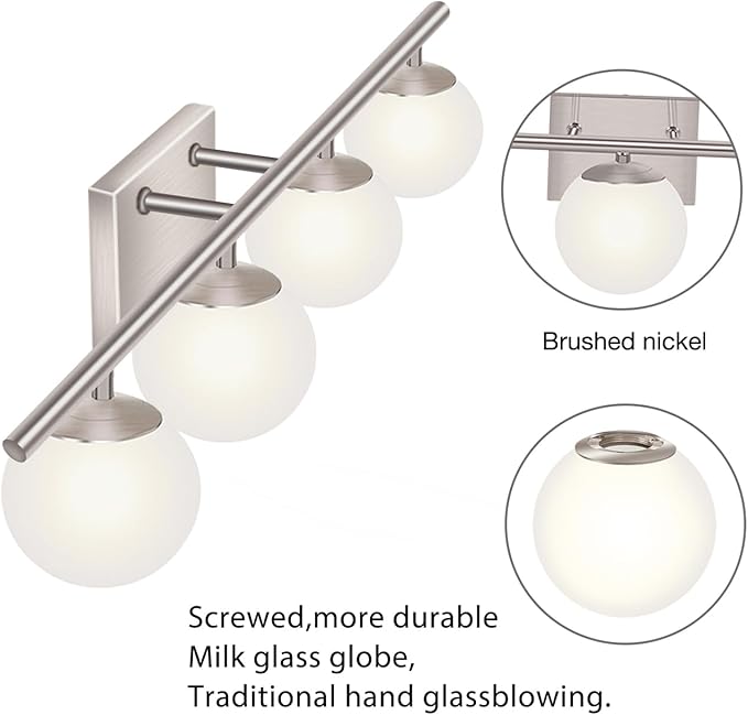 New Bathroom Vanity Light Fixtures 4 Lights Brushed Nickel Glass Shade Modern Wall Bar Sconce Over Mirror（(Exclude G9 Bulb)