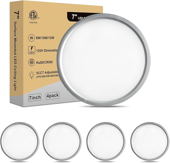 7 Inch LED Ceiling Light, Dimmable 2700K/3000K/3500K/4000K/5000K Selectable, Ultra Slim 0.67 Inch Round Flat Ceiling Lamps for Bathroom Basement, 7 Inch 4Pack Silver