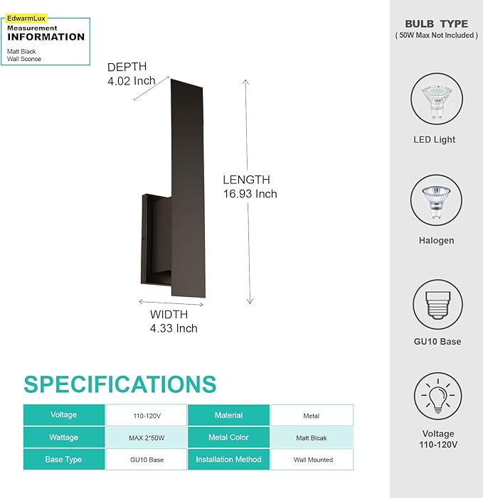 Edwarmlux Indoor Wall Sconces, Modern Wall Lights, Up and Down Wall Mount Light, Dimmable Hardwired Wall Light for Bedroom, Living Room, Hallway, GU10 Bulbs Excluded, 2 Pack (Matt Black)