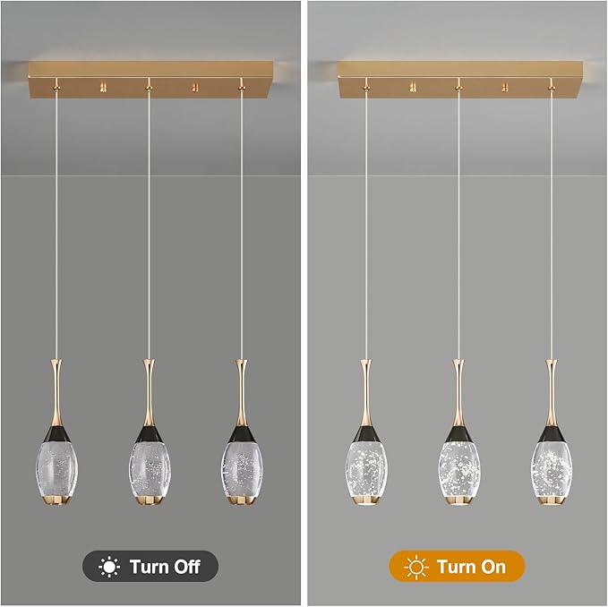 Modern Black Gold Pendant Light Dimmable LED Ceiling Light Fixtures Mini Teardrop Crystal Pendant Lighting for Kitchen Island Bedroom Hallway Entryway (3 Light，Champagne Gold)