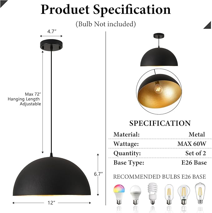 Farmhouse Pendant Light Fixtures,12" Pendant Lights Kitchen Island, Black and Gold Industrial Hanging Ceiling Light for Kitchen Foyer Cafe Dining Room Sink,2 Pack