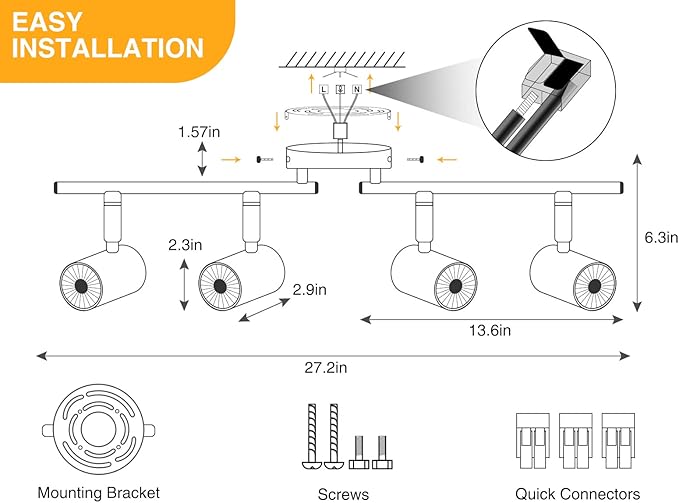 VANoopee 5-Color 4 Light Black LED Track Lighting Fixtures Ceiling for Kitchen, Dimmable Track Lighting Kit, Ceiling Spotlight Flush Mount Adjustable Directional Spot Lights Indoor, CRI90 2400lm 30W