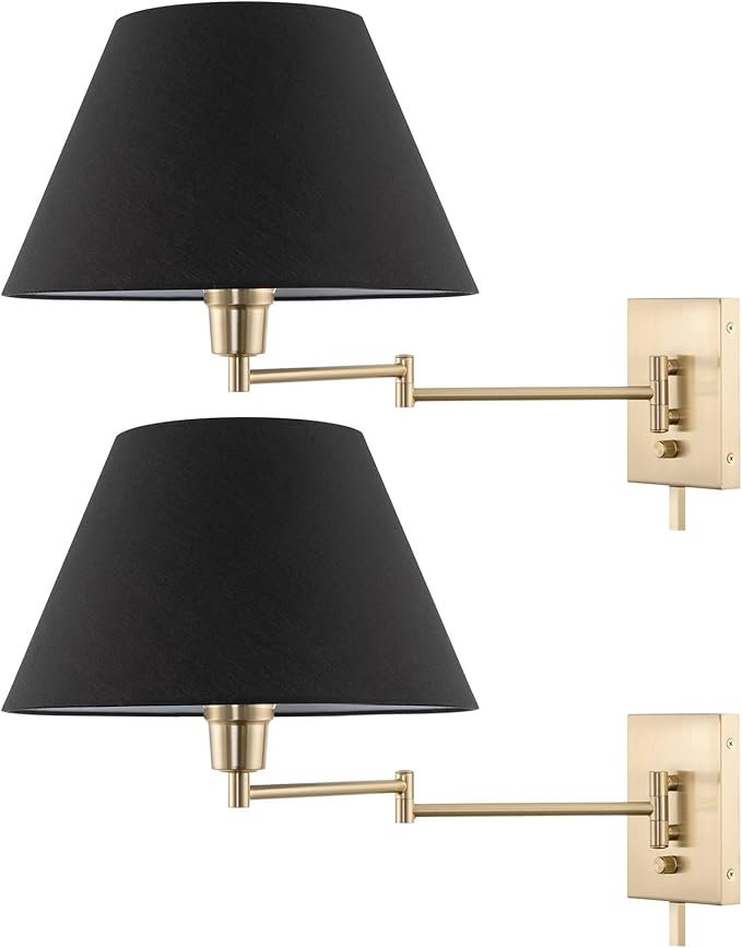 Kira Home Cambridge 15" Set of 2 Modern Swing Arm Gold Wall Sconce with Black Empire Fabric Shade, 2-in-1 Plug in or Hardwired Gold Wall Lamp with 3-Way Switch, Cool Brass Finish