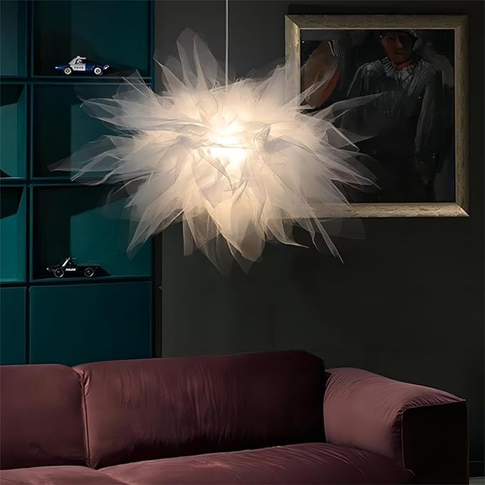 17.7 Inch Stacked Tulle Pendant Light, Modern Style Fabric Hanging Light, Pendant Lamp for DiningRoom, Living Room, Bedroom, Study, Hallway - White