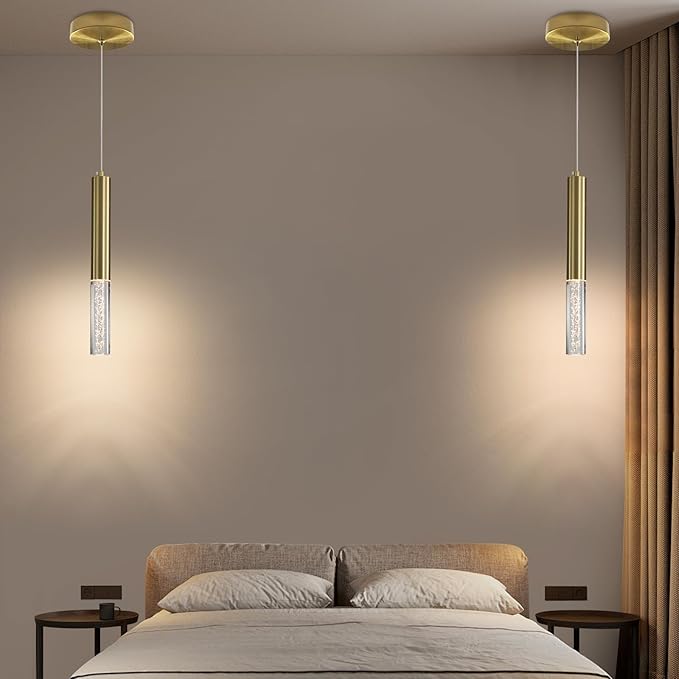 2 Pack Minimalist Kitchen Island Pendant Lights, Gold Modern Linear Hanging Light Fixture, Bubble Acrylic, Adjustable 3000K/4500K/6500K, LED Ceiling Light for Dining Room, Bedroom, Bathroom