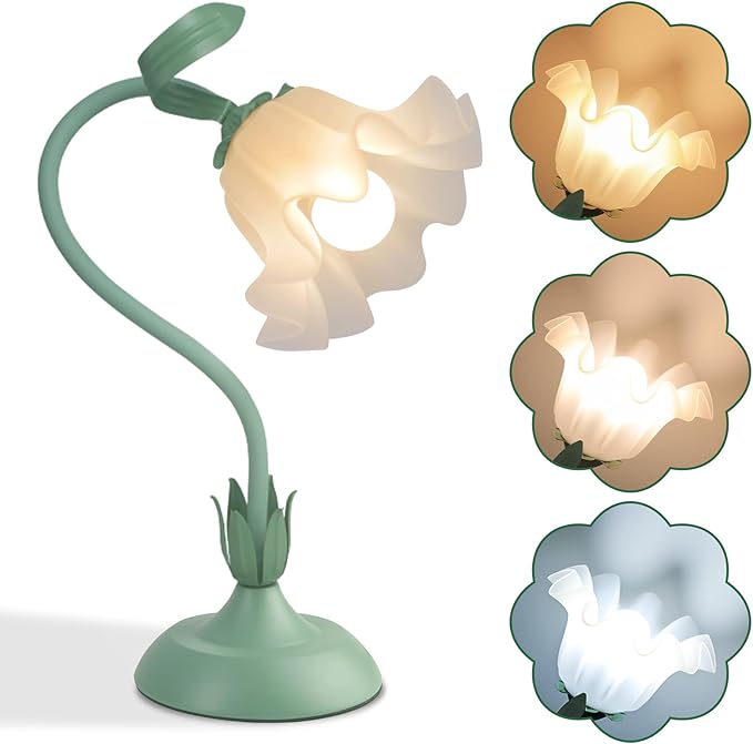 Flower Desk Lamp, LED Reading Light Flower Table Lamp, 3 Colors Flower Lamp for Girls Bedroom, Adjustable Flexible Lamp for Nightstand, Bedside Table Lamps for Bedroom, Living Room, Home Decor (Green)