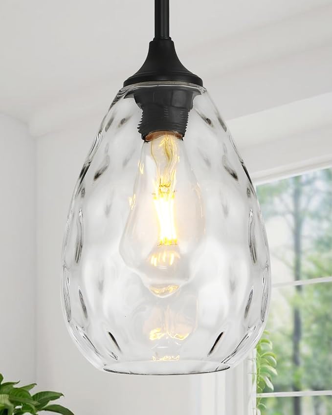 Glass Pendant Lights Kitchen Island, 6.3in Small Modern Black Pendant Light Fixtures with Hammered Clear Glass, Hanging Lighting for Kitchen Over Sink Dining Room Bedroom
