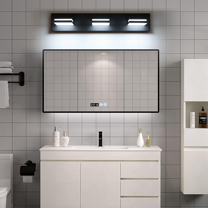 SineRise LED Modern Bathroom Vanity Light Fixtures, Dimmable Matte Black Modern Acrylic Bathroom Wall Lighting Fixtures Over Mirror (Cool White 6000K)