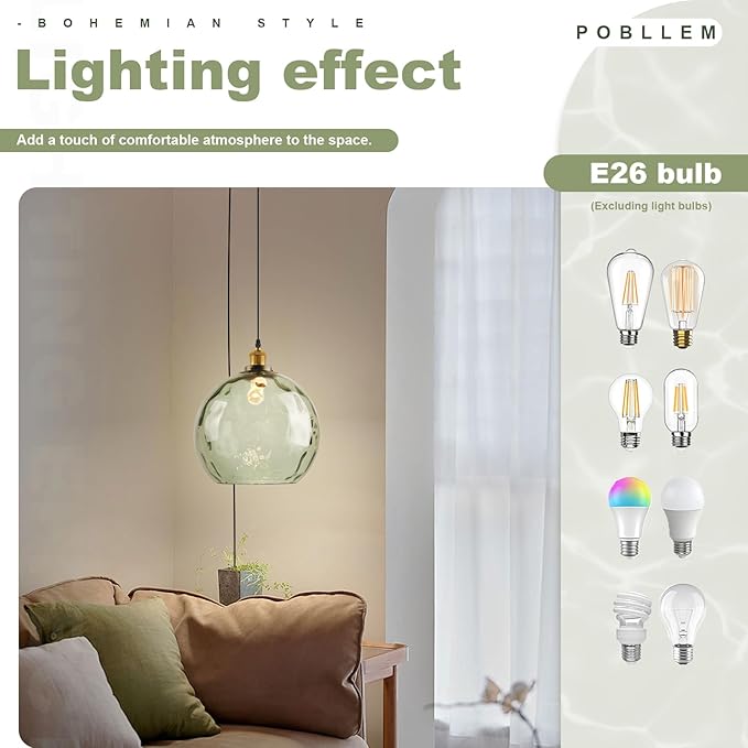 Plug in Vintage Pendant Light Green Glass Boho Hanging Swag Lamp with 13.8-inch Hammered Glass Globe Large Plug in Light Fixture Ceiling Hanging for Kitchen Dining Room Living Room