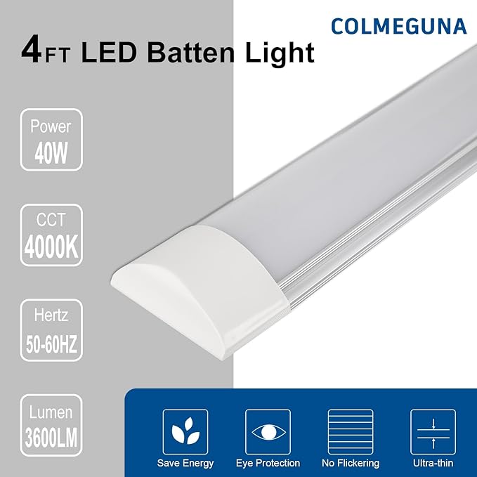 2 Packs 4FT LED Batten Light with 0.2m Cable, Ultra-Thin Ceiling Surface Mounted Light, 40W, 4000K, IP20, LED Ceiling Lamp for Garage, Shop, Hallway, Office, Market, ver.2