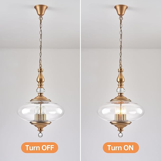 Vintage Pendant Light Brass Glass Pendant Light 15.74" Wide 5 Light Chandeliers for Kitchen, Dining Room Adjustable Hanging Height