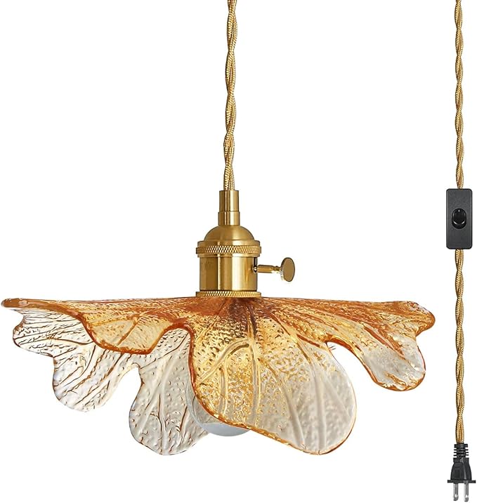 Plug in Pendant Lights 15ft Hanging Light with Plug in Cord Mid Century Modern Pendant Light Fixtures Hand Blown Amber Glass Pendant Light Plug in Hanging lamp for Kitchen Living Dining Room