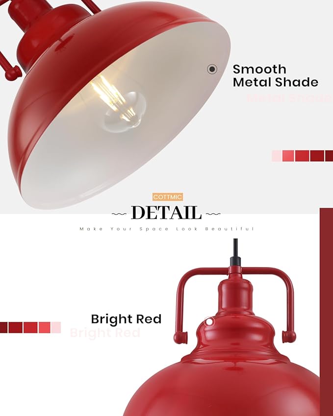 Red Farmhouse Pendant Lights 2 Packs, Metal Kitchen Island Lights, Industrial Vintage Pendant Light for Kitchen, Living Room, Bedroom, Hallway