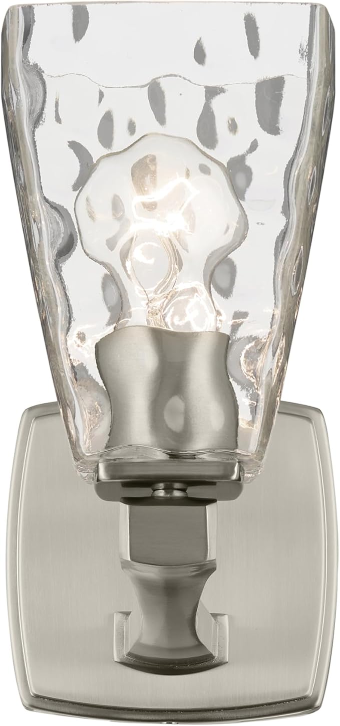 Kichler Marant 5" 1-Light Wall Sconce Bathroom Light Fixture with Clear Water Glass in Brushed Nickel for Bathroom, Powder Room, Hallway (5" W x 9.5" H), 55214NIWTR