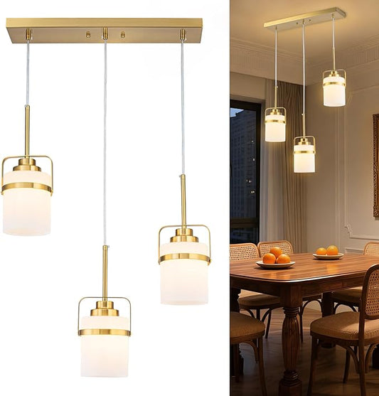 Brass 3-Light Pendant Lighting, Adjustable Hanging Light Fixture with Milk Glass Shade, Modern Pendant Light for Kitchen Island Dining Room Bar Over Sink/Table/Counter