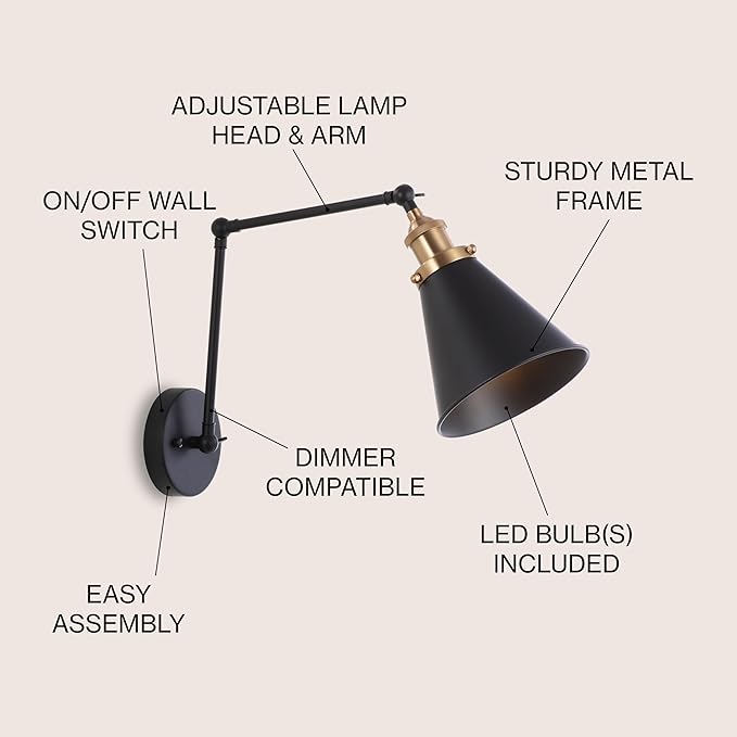 JONATHAN Y 7" Black/Brass Gold Classic Industrial Metal Adjustable Arm LED Wall Sconce for Bedside Reading, Farmhouse Swing Arm Wall Lamp with Metal Shade, Hardwired (JYL7462A)