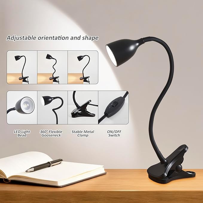 EJIAXIN Desk Lamp for Home Office - Clip on Reading Light and Bed Headboard Clamp Lamp, Bedside Gooseneck Table Lamp, Clip on Desk Lamps, Eye-Caring Desk Lamp for College Dorm Room Study Lamp, Black