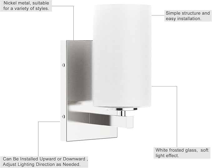 Tawson Talos 1-Light Wall Sconce in Brushed Nickel with Satin Etched Glass Shade for Hallway, Entryway, Passway, Dining Room, Bathroom, Garage, Kitchen, Balcony, Living Room