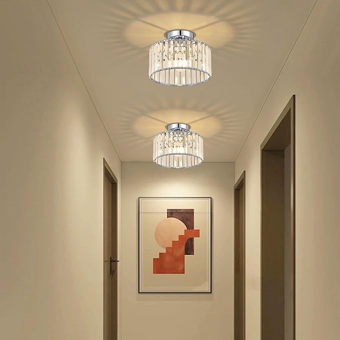 Crystal Chrome Semi Flush Mount Ceiling Light Modern Hallway Light Fixture Metal Close to Lamp for Entryway Bedroom(10.63 inch)