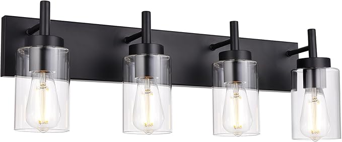 VINLUZ 4 Lights Bathroom Vanity Light Fixture Black Sconces Wall Lighting with Clear Glass Shade Modern Industrial Indoor Wall Mounted Lamp, Farmhouse Lighting for Kitchen (Patent No.: US D958,438 S)