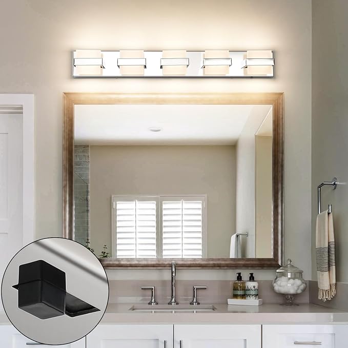 SOLFART Chrome Bathroom Light Fixture, 5 Light LED Vanity Lights Over Mirror, Lights for Bathrooms,5 Color Temperature Adjustable Vanity Lights for Bath Nickel