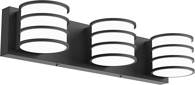 LED Bathroom Vanity Light - 20.5 Inch Black 3-Light Fixture with White Acrylic Shades, 6000K Cool White, Mirror Lighting for Bathroom, Bedroom, Hallway, Living Room Wall Sconce